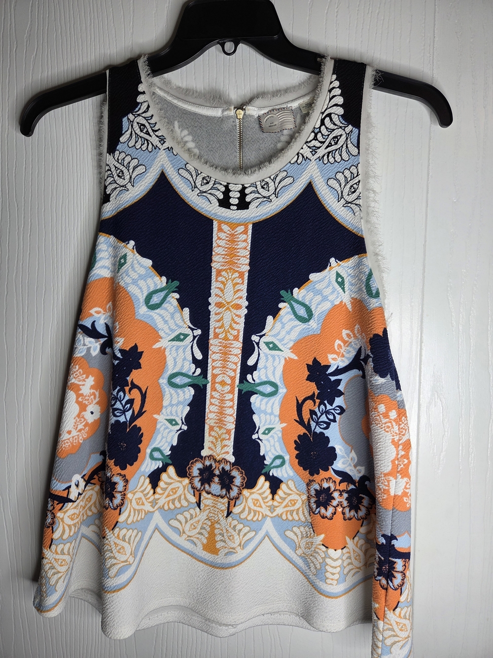 Postmark Anthropologie Anzere Tank Med Blue Orange Mosaic Print Boho Flowy Top